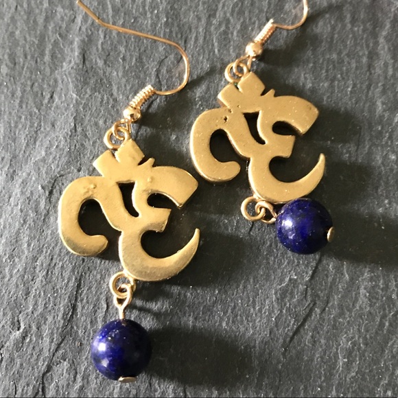 Brass OM lapis and Inlaid turquoise earrings - Picture 2 of 4